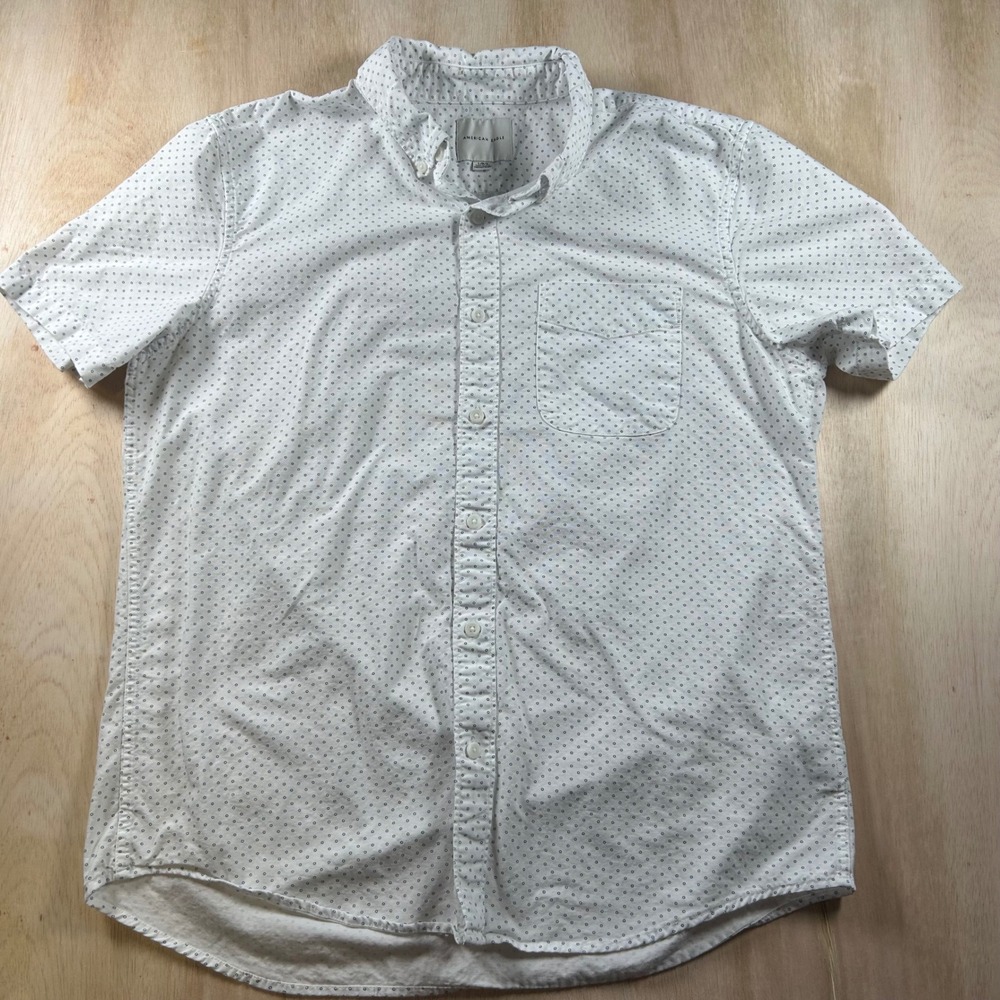 American Eagle Mens Large White Blue Geometric Dot Short Sleeve Button Down